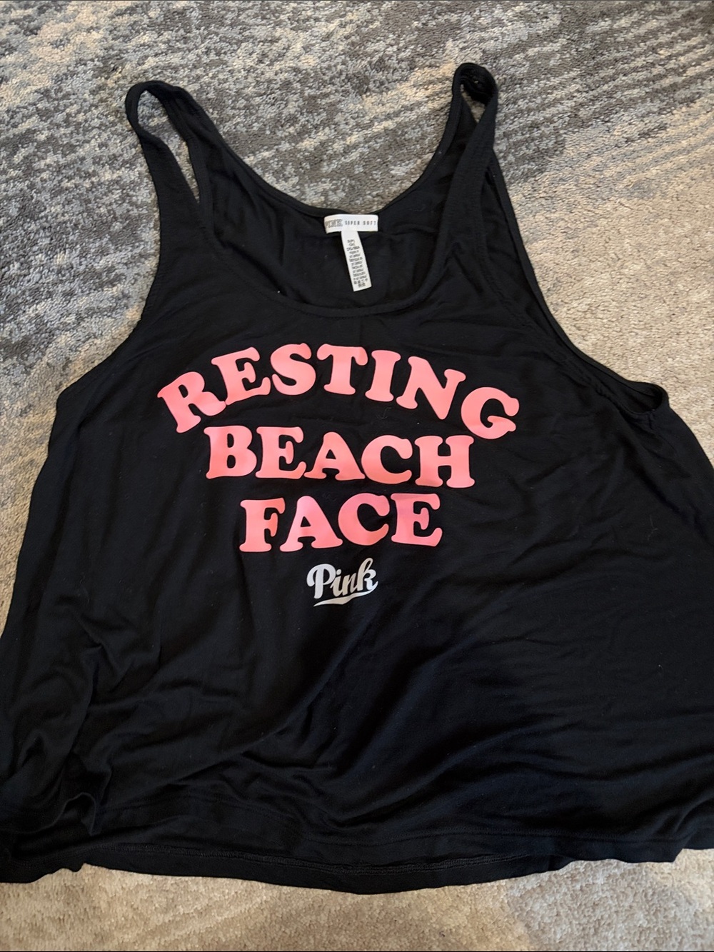 PINK Victoria's Secret Black Tank with Pink "Resting Beach Face" Print
